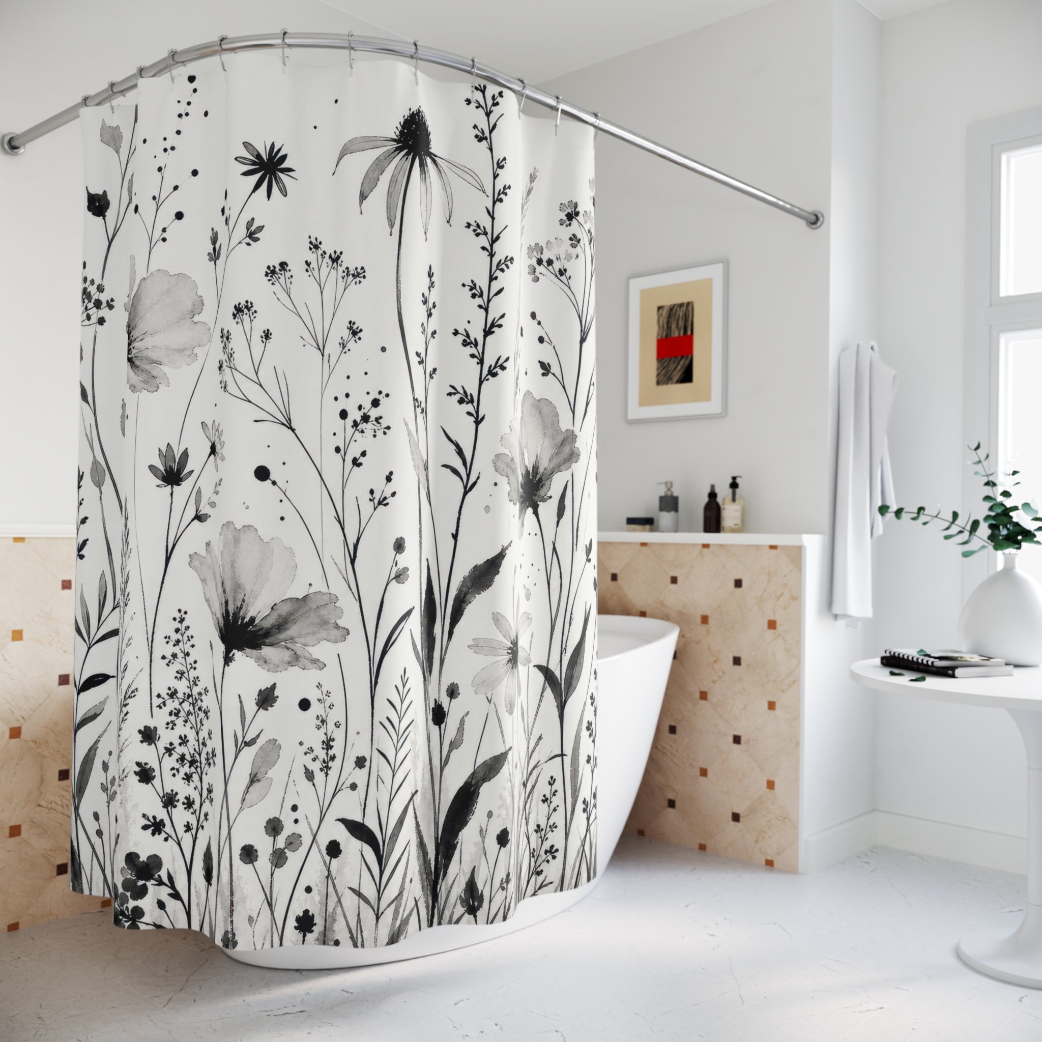 Black White Floral Wildflower Flower Botanical Cottage Shower Curtain