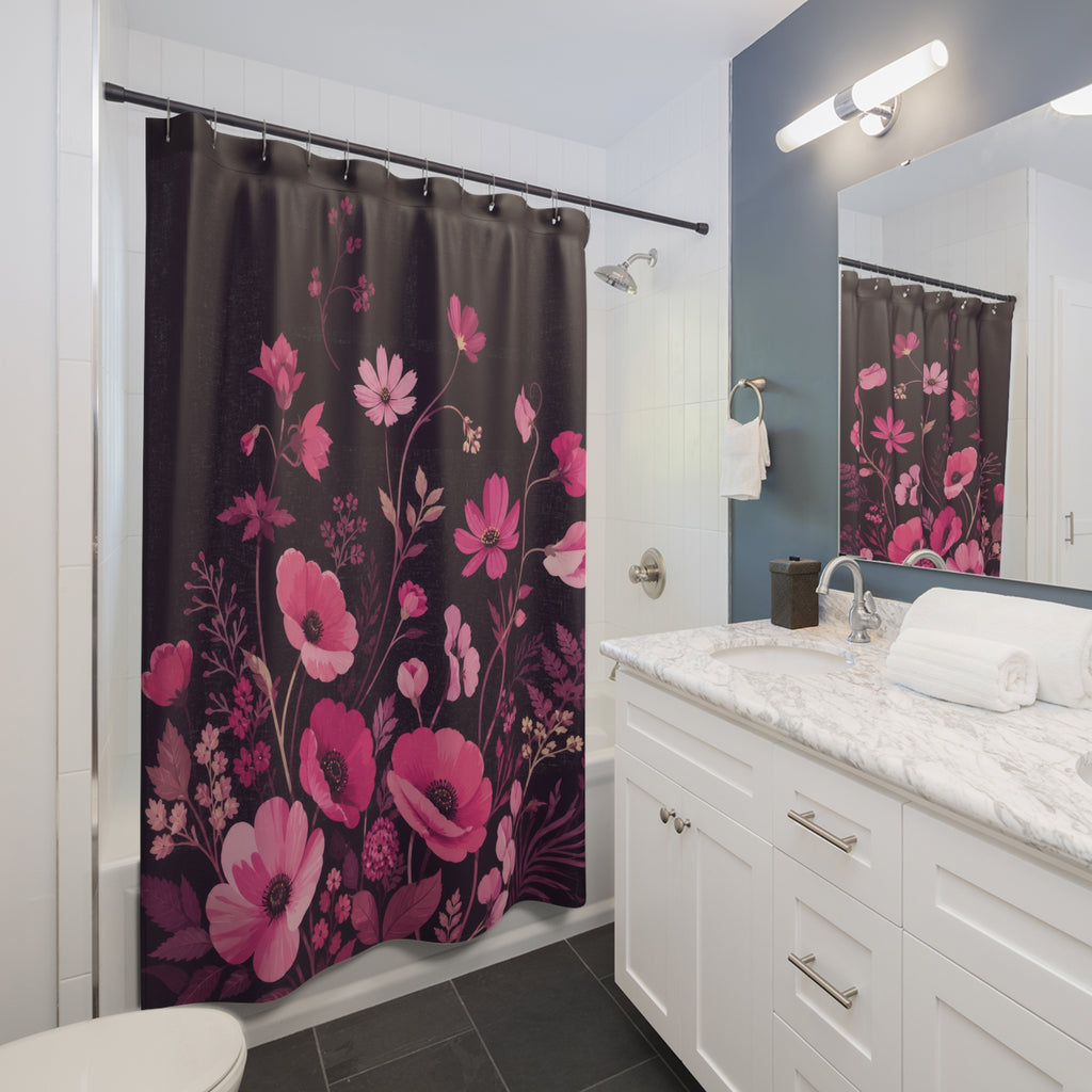 Art Deco pink fan flowers in geometric repeat shower curtain beside a white vanity