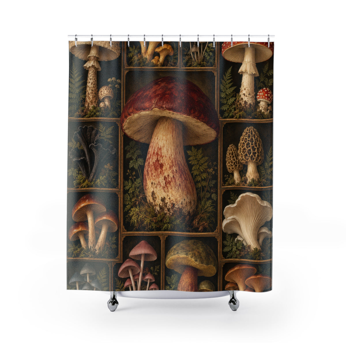 Vintage mushroom specimen grid in brown and ochre shower curtain with full front view
