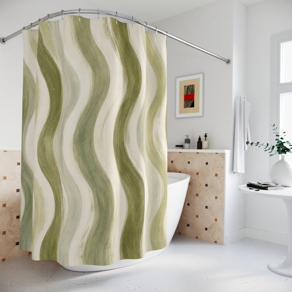 Olive Cream Wave Stripe Shower Curtain
