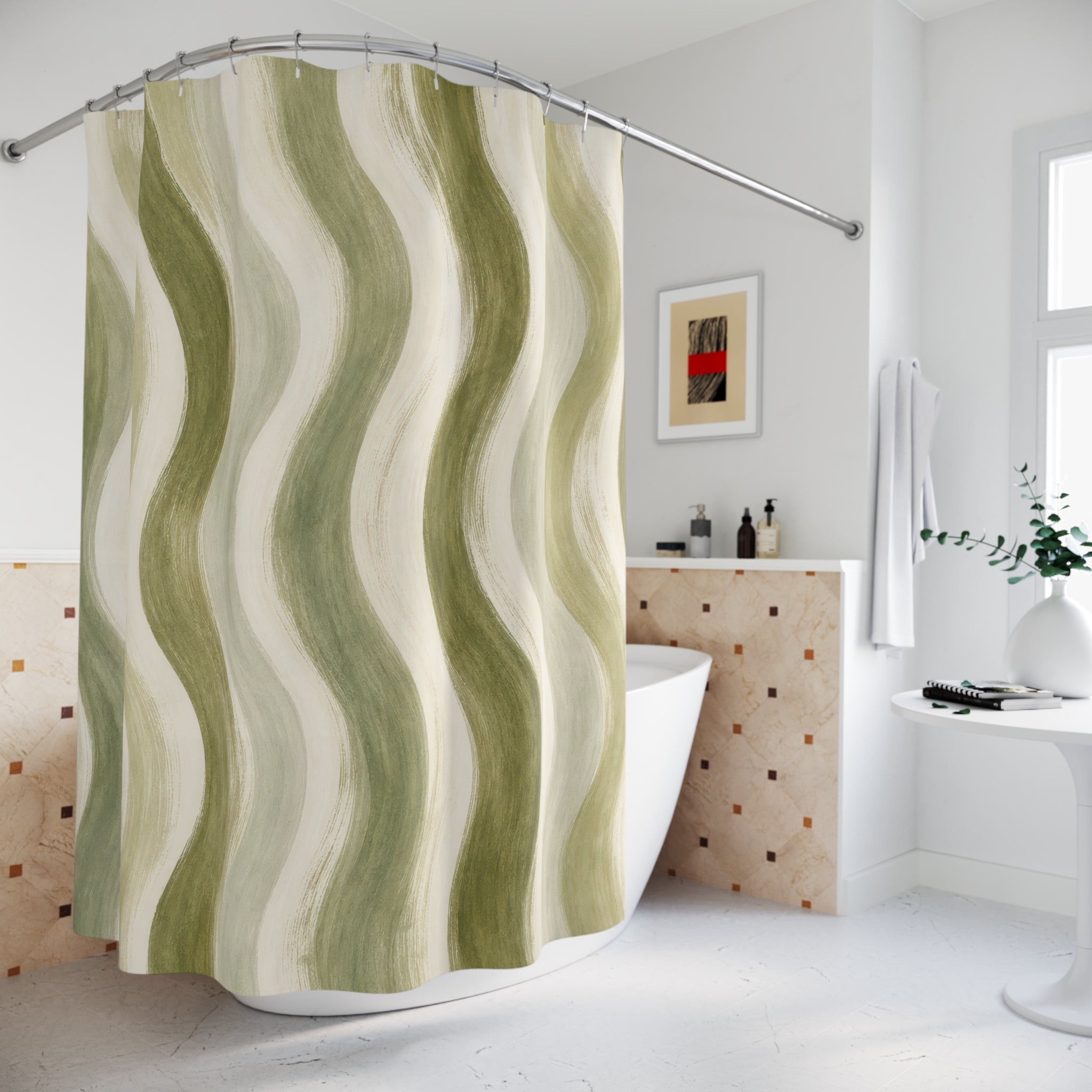 Olive Cream Wave Stripe Shower Curtain
