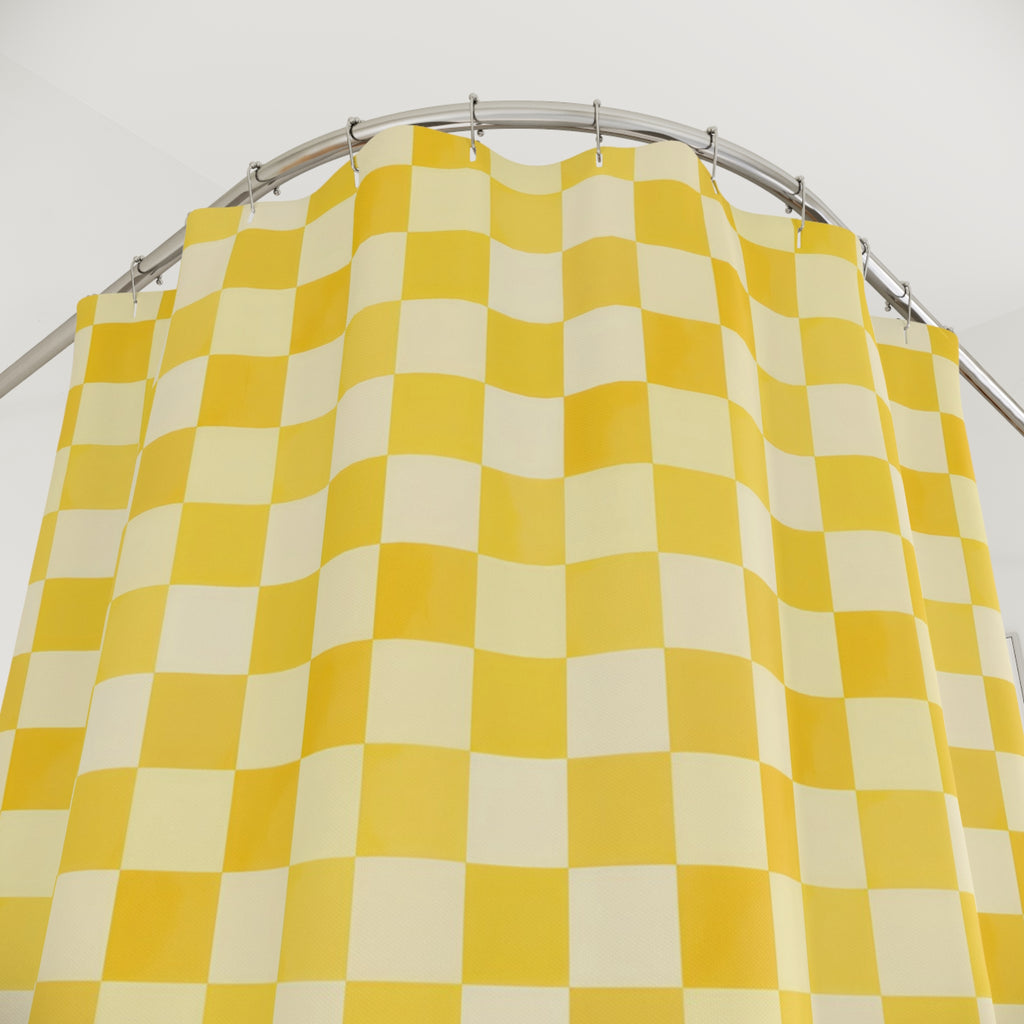 Butter yellow and cream micro checkerboard shower curtain with close-up print, hooks, and folds