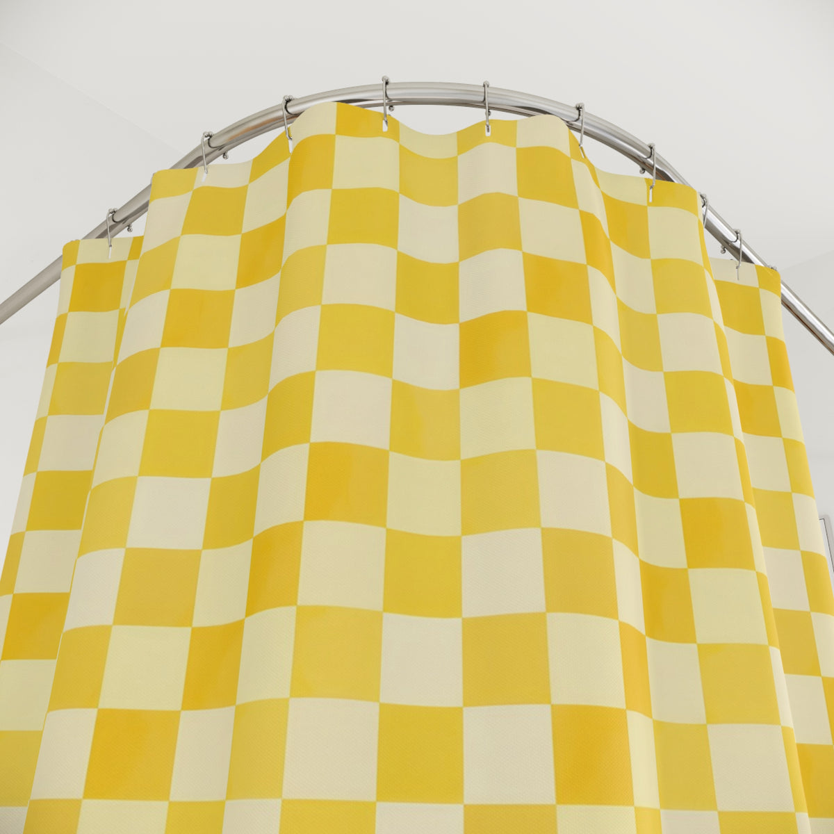 Butter yellow and cream micro checkerboard shower curtain with close-up print, hooks, and folds