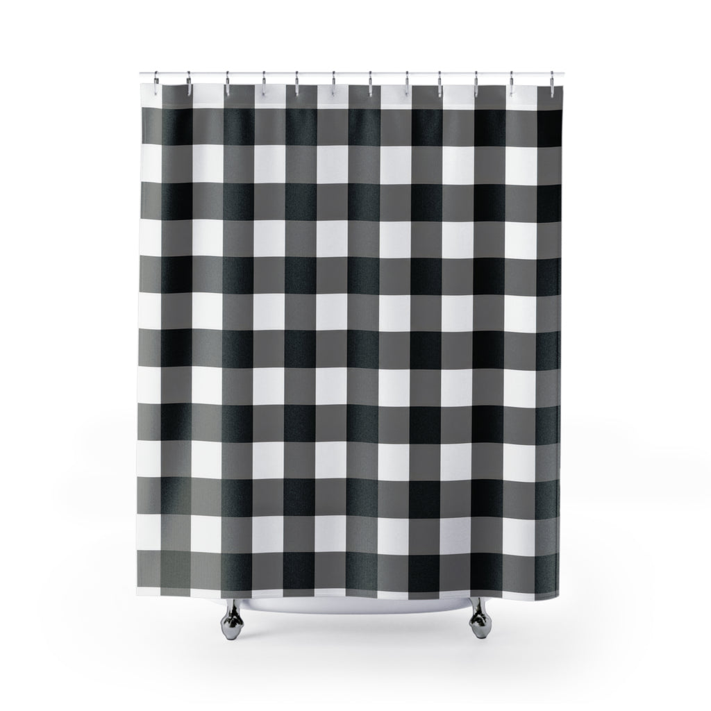 Gingham grid of black, gray and white squares shower curtain with full front view
