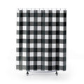 Gingham grid of black, gray and white squares shower curtain with full front view