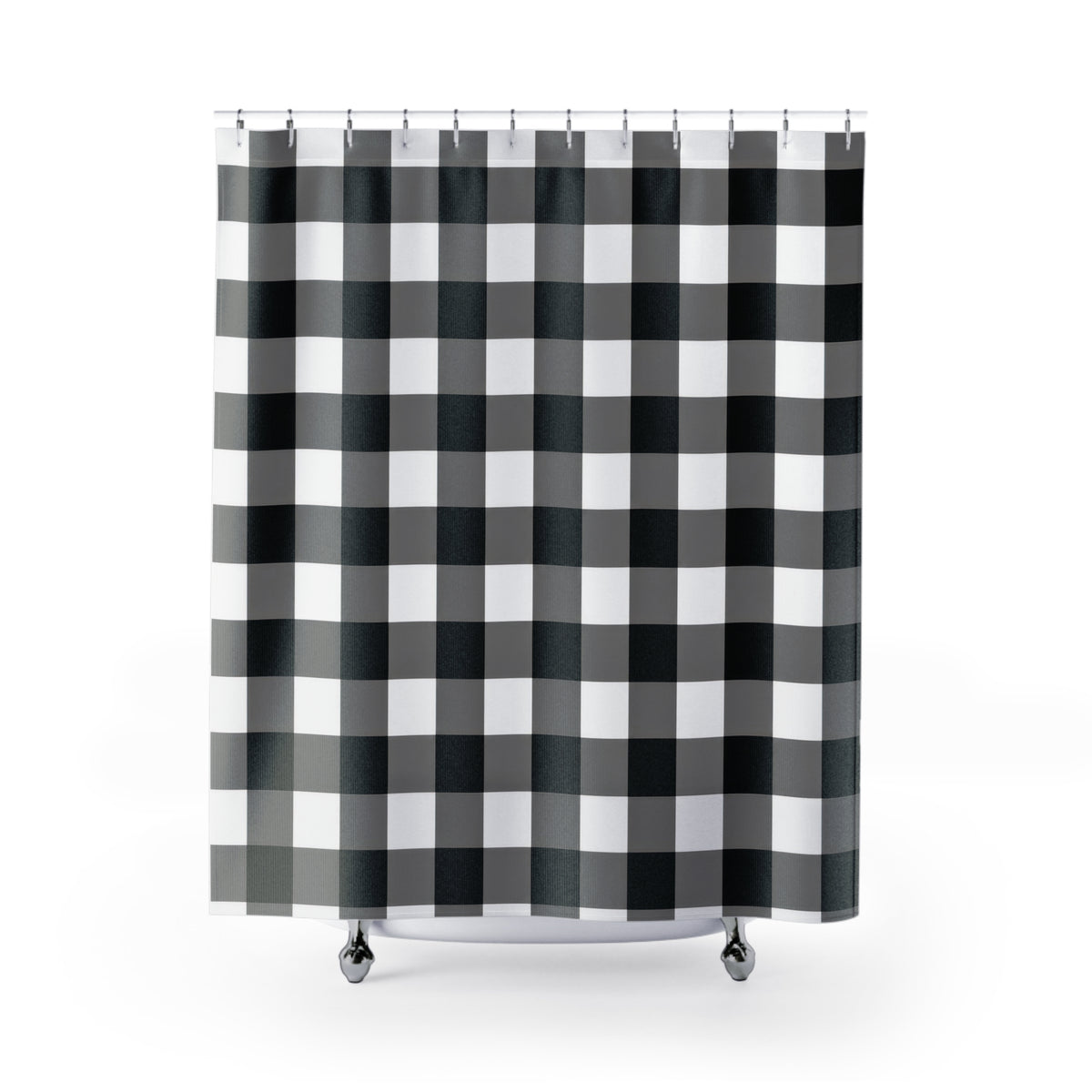 Gingham grid of black, gray and white squares shower curtain with full front view