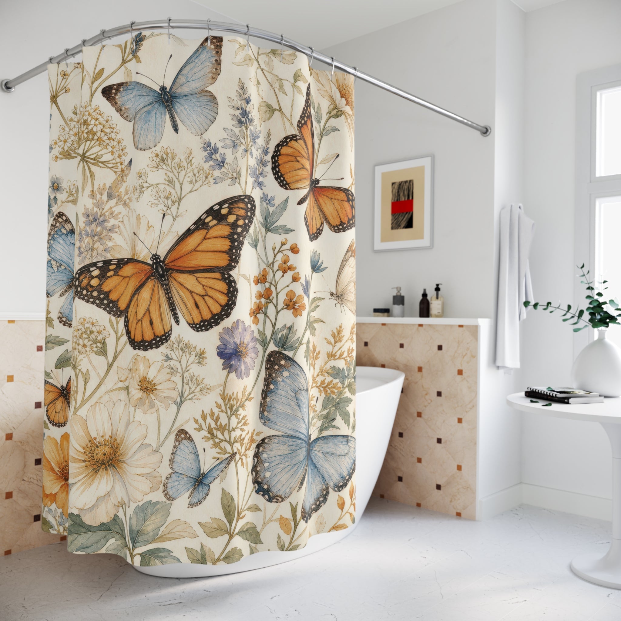 Butterfly Shower Curtain: Blue Orange Floral Garden Pattern