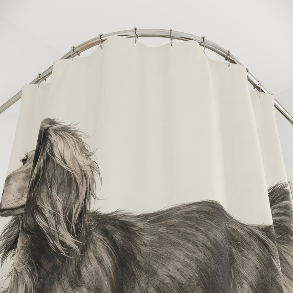 Charcoal long haired dachshund study shower curtain with close-up print, hooks, and folds