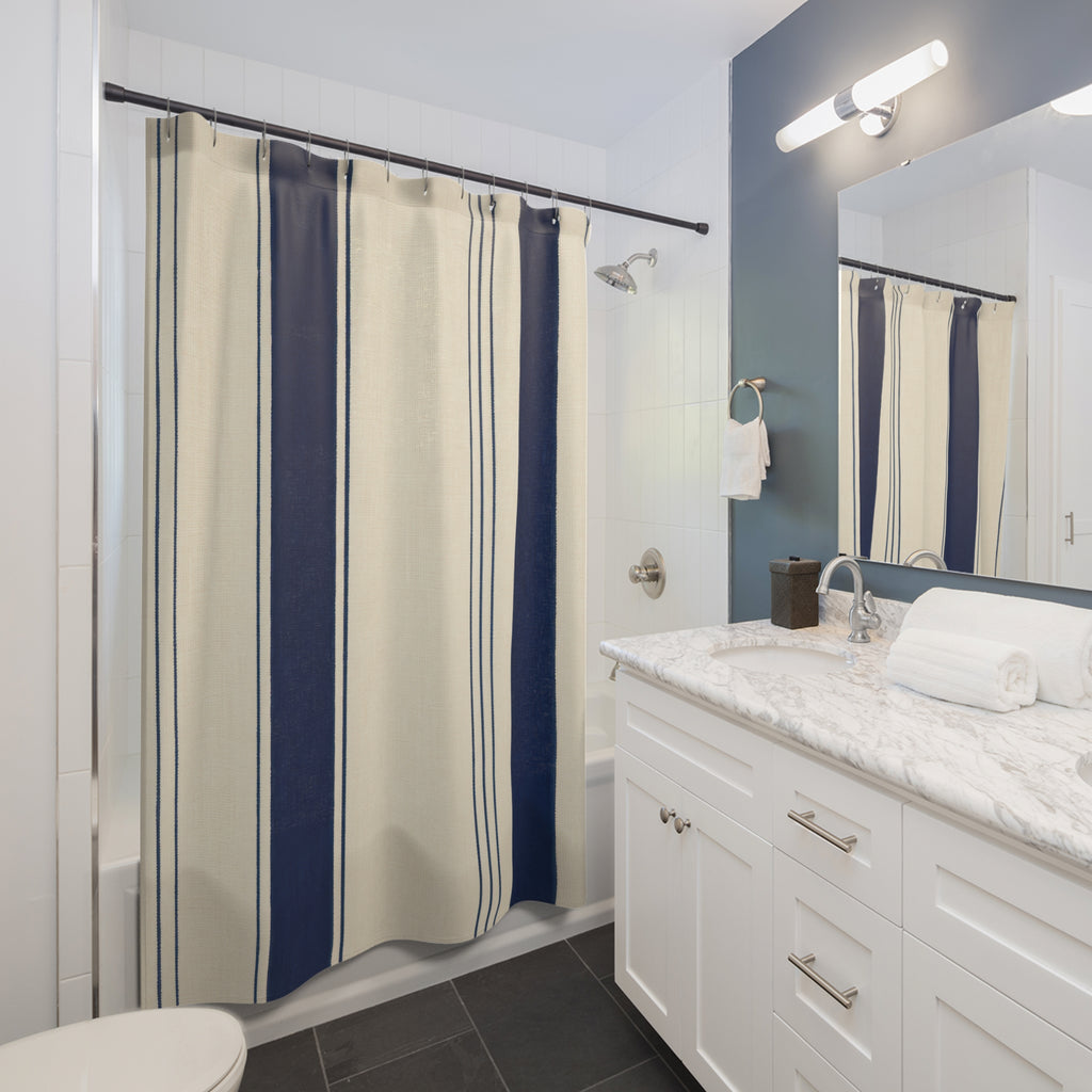 Navy Blue Cream Pinstripe Shower Curtain