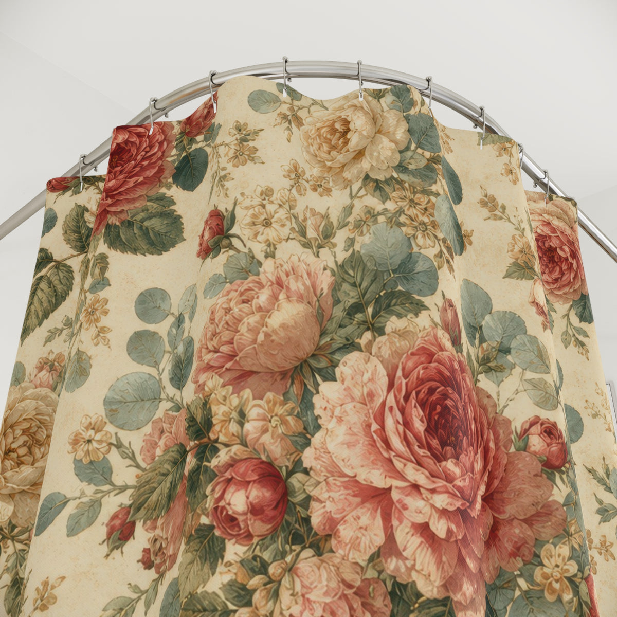 Vintage Floral Bouquet rose pattern shower curtain with close-up print, hooks, and folds