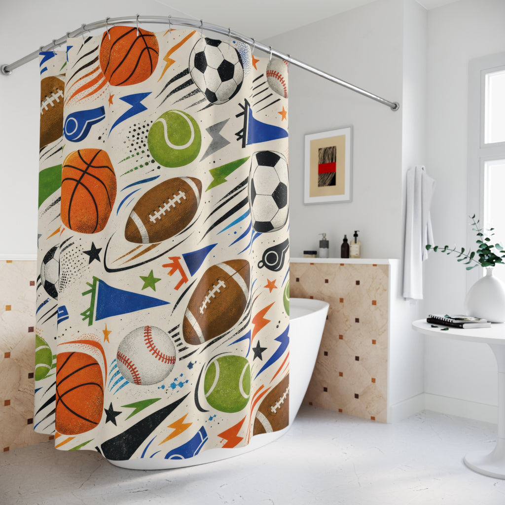 Sports Ball Shower Curtain, Basketball Soccer Football Bathroom Decor, Athletic Kids Bath Curtain, Boys Sports Bathroom Art, Game Room Decor