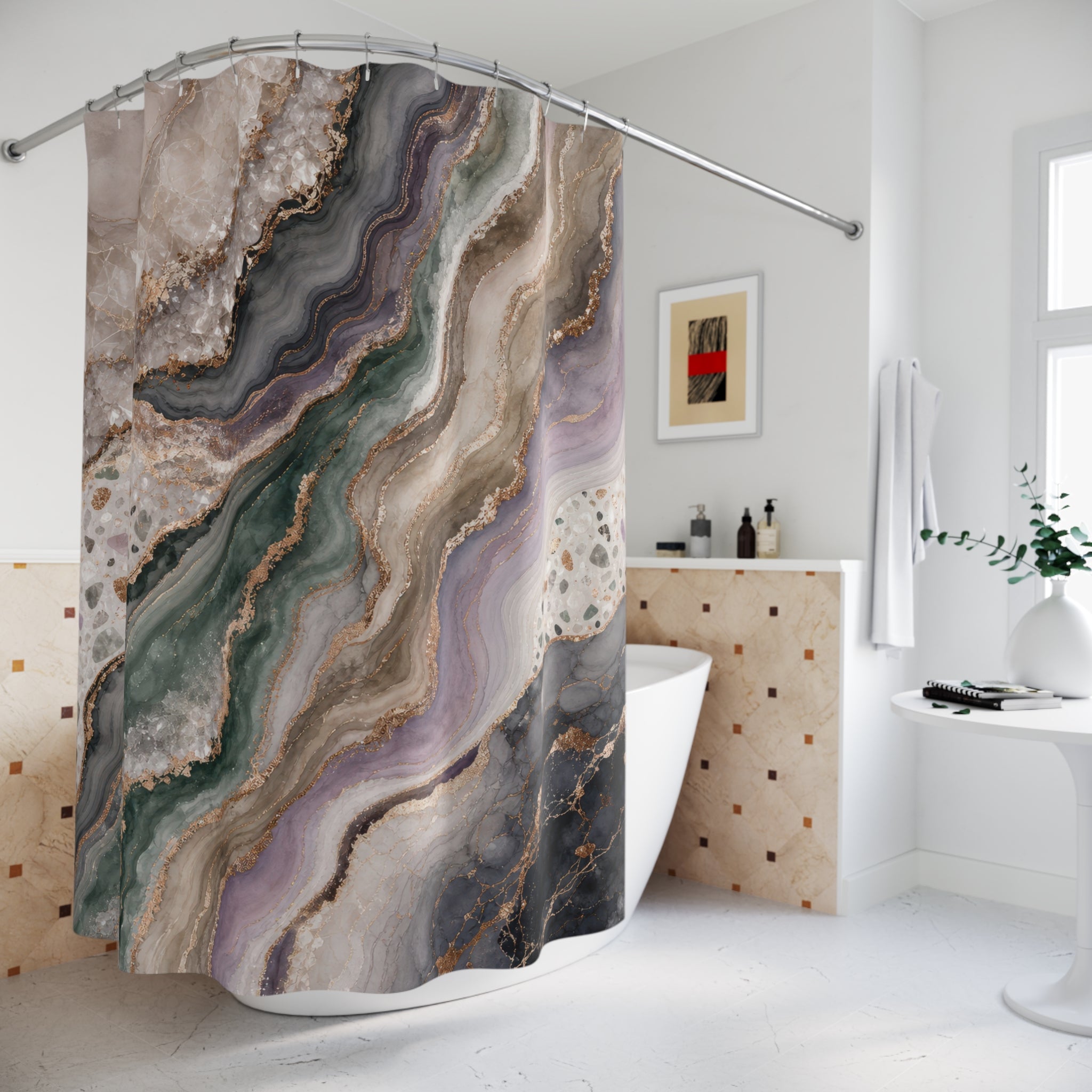 Agate Marble Shower Curtain, Grey Green Modern Bathroom Decor, Mineral Stone Bath Curtain, Abstract Guest Bathroom Decor, Spa Decor