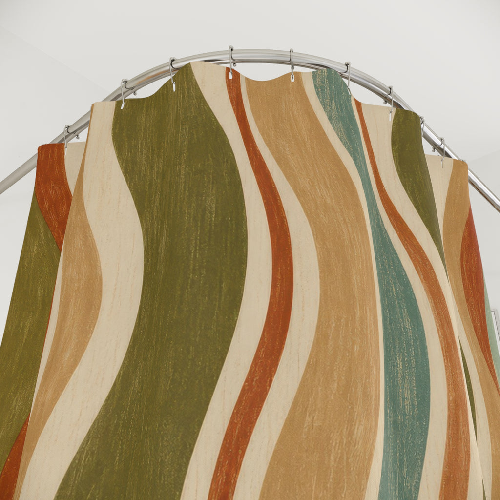 Retro Shower Curtain, 70s Wavy Stripe Pattern, Rust Olive Earth Tone Bathroom Decor, Groovy Earth Tone Wall Decor Guest Bath Wall Gift