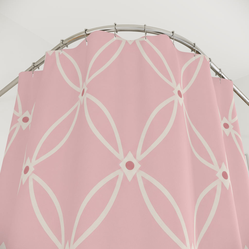 Ivory oval trellis on a light pink ground shower curtain with close-up print, hooks, and folds