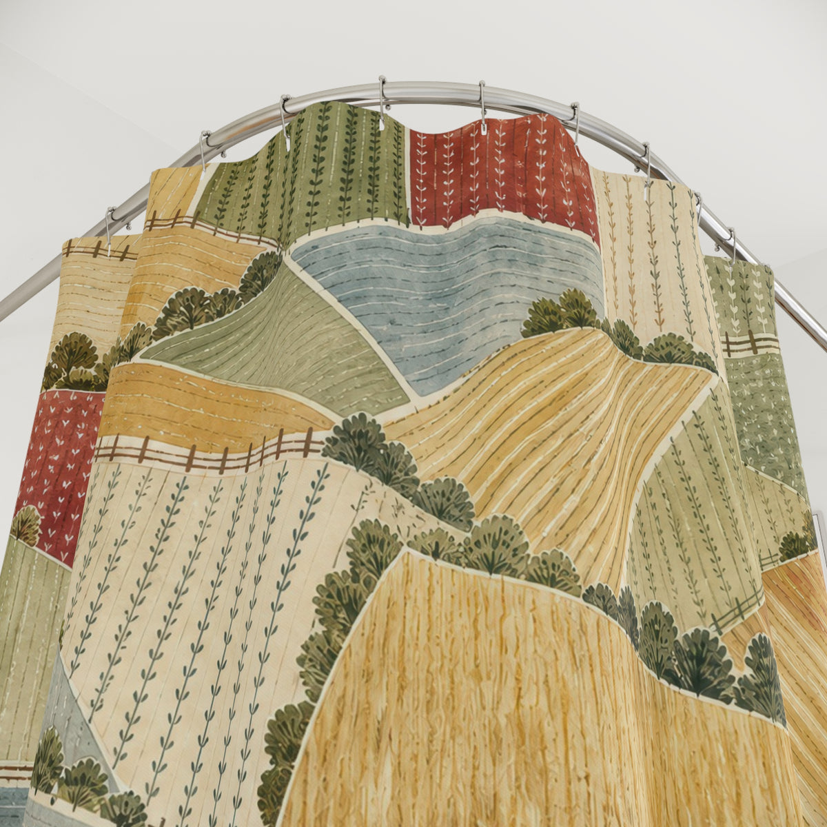 Patchwork Farm Landscape Country pattern shower curtain with close-up print, hooks, and folds