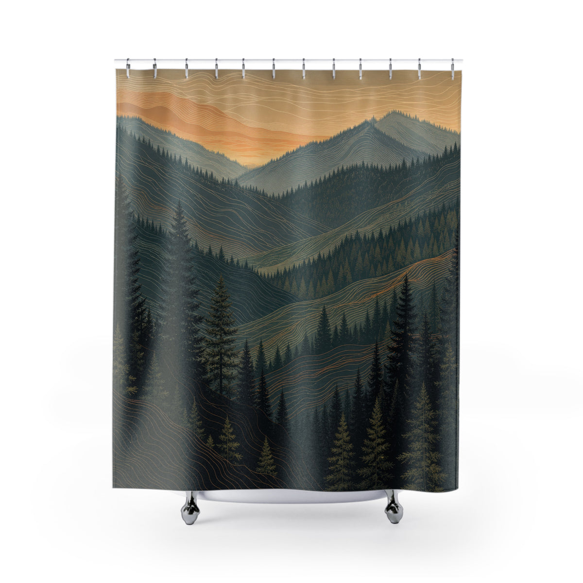 Topographic contour lines across forested mountain ridges shower curtain with full front view