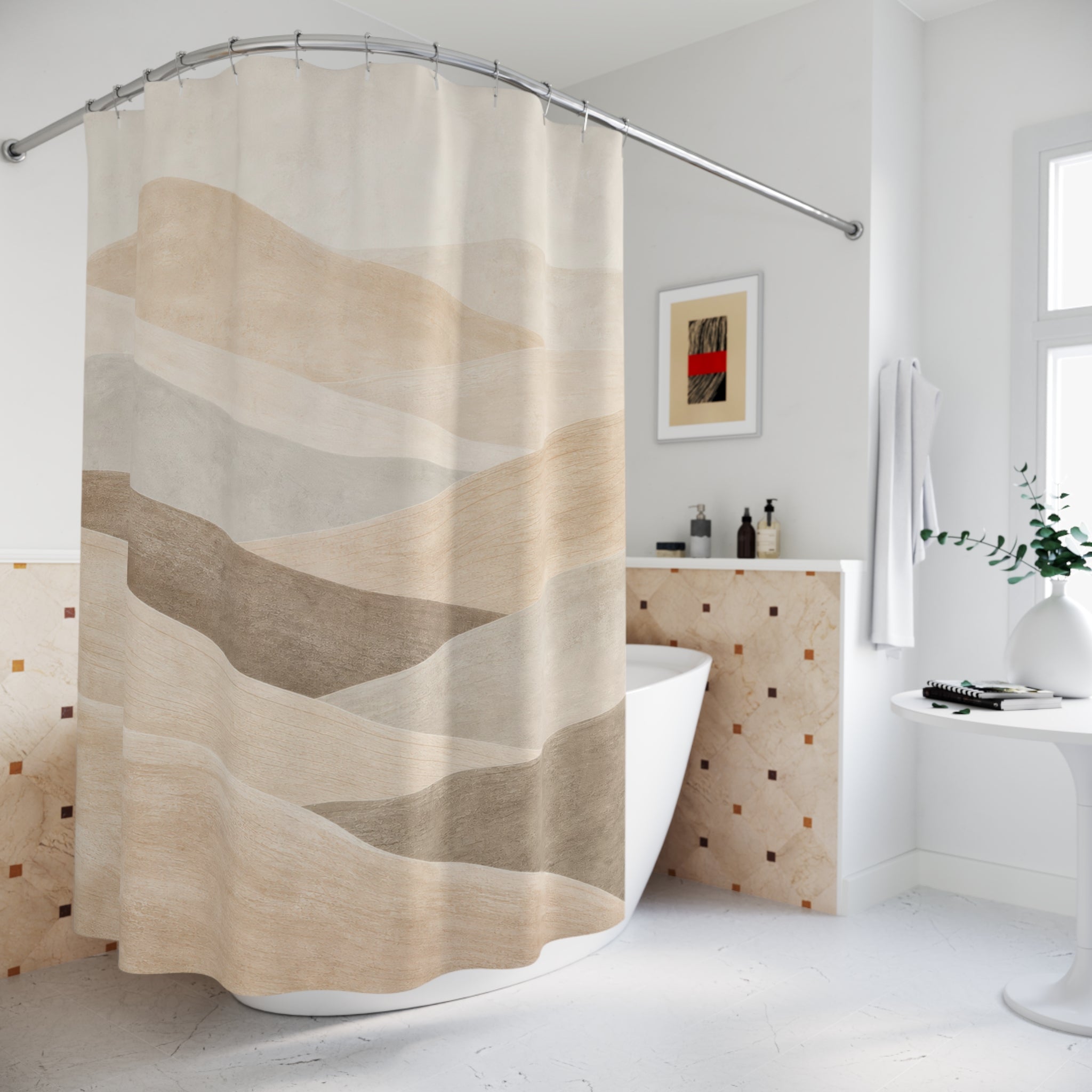 Beige Tan Rolling Wave Shower Curtain