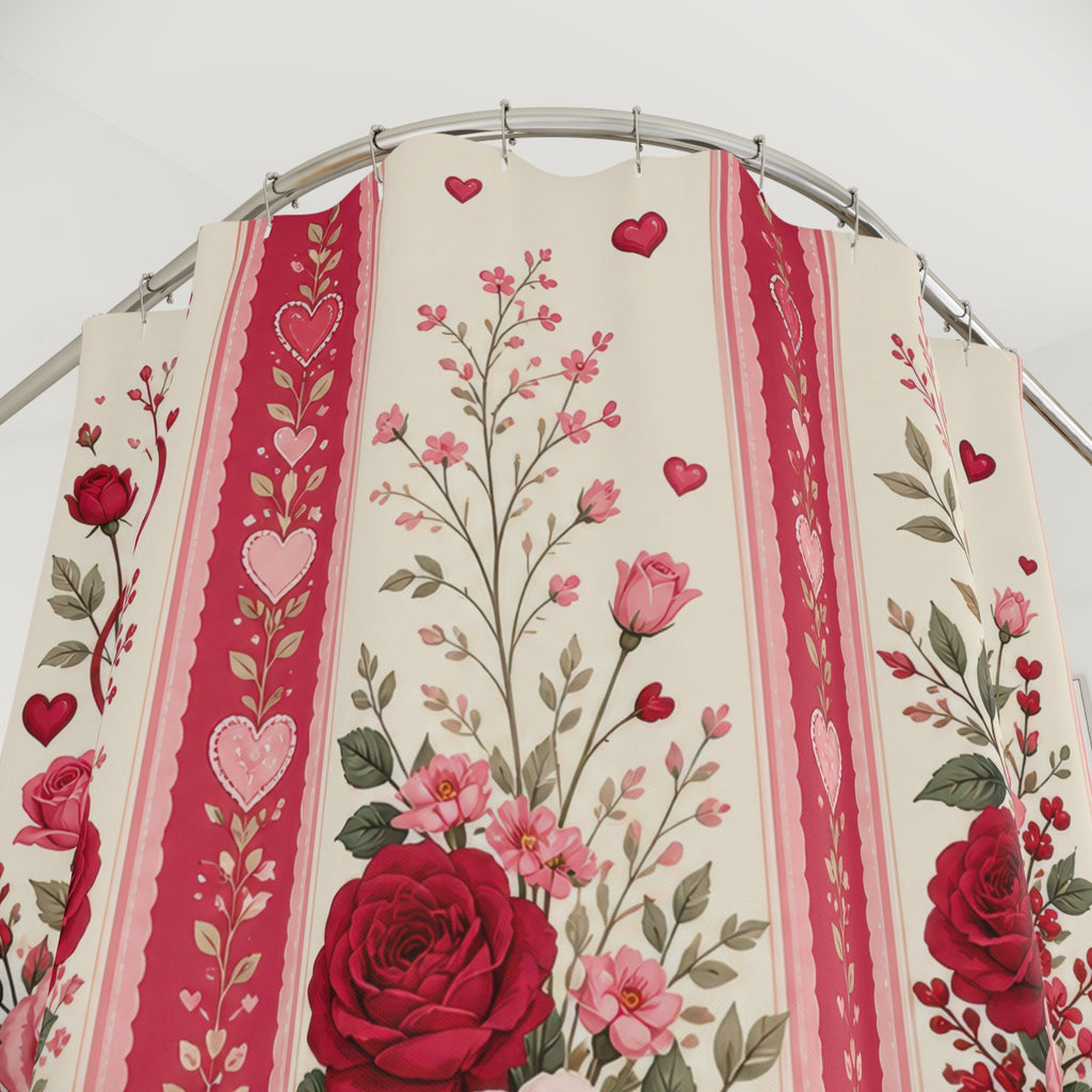 Floral heart vases with red and blush rose bouquets shower curtain with close-up print, hooks, and folds