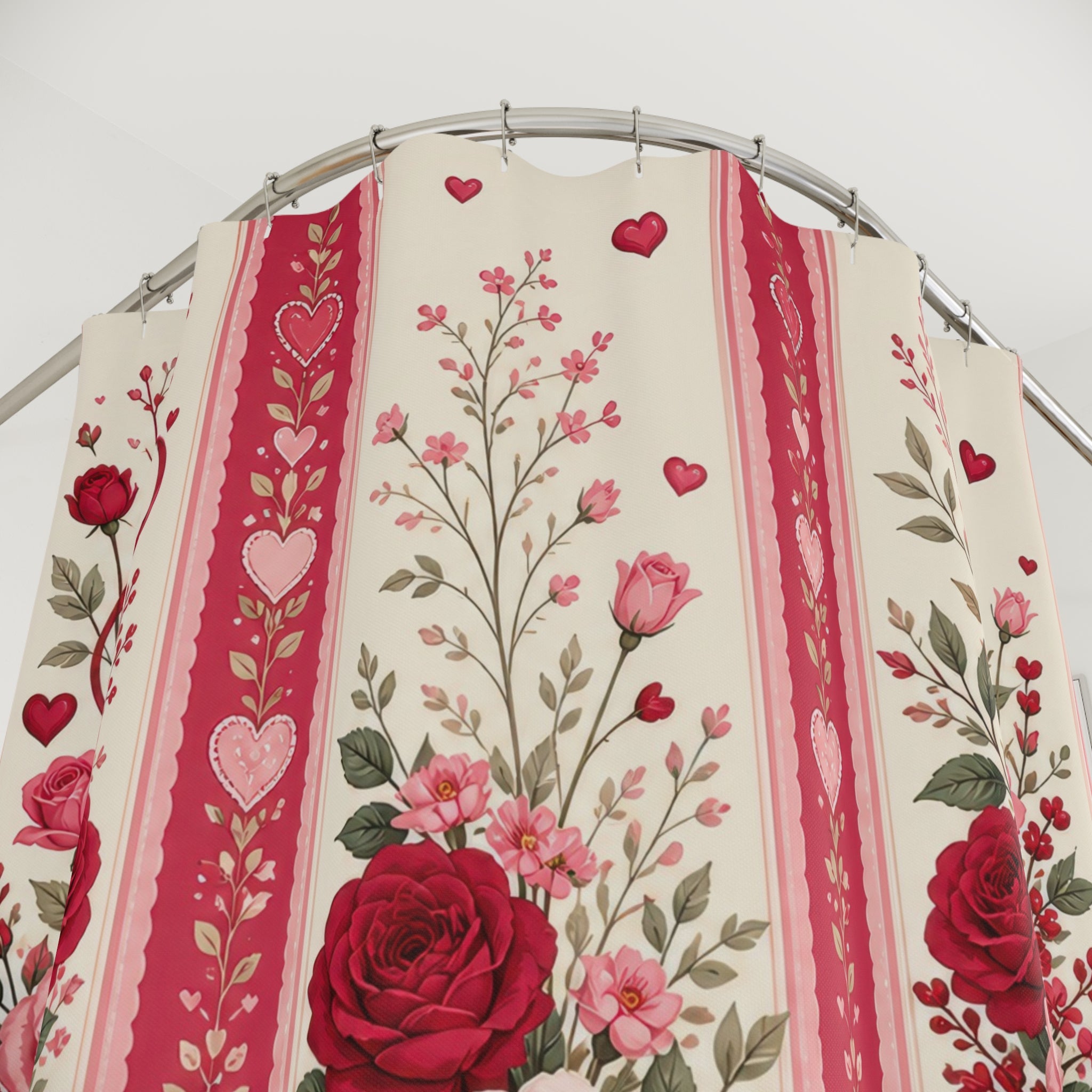 Floral heart vases with red and blush rose bouquets shower curtain with close-up print, hooks, and folds