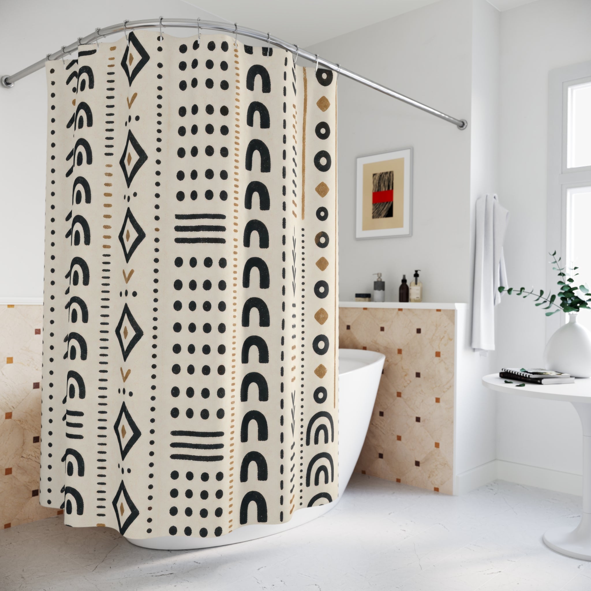 Black White Boho Mudcloth Striped Vertical Stripe Shower Curtain