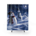 Three white snowmen in blue moonlit drifts, red and blue scarves shower curtain with full front view