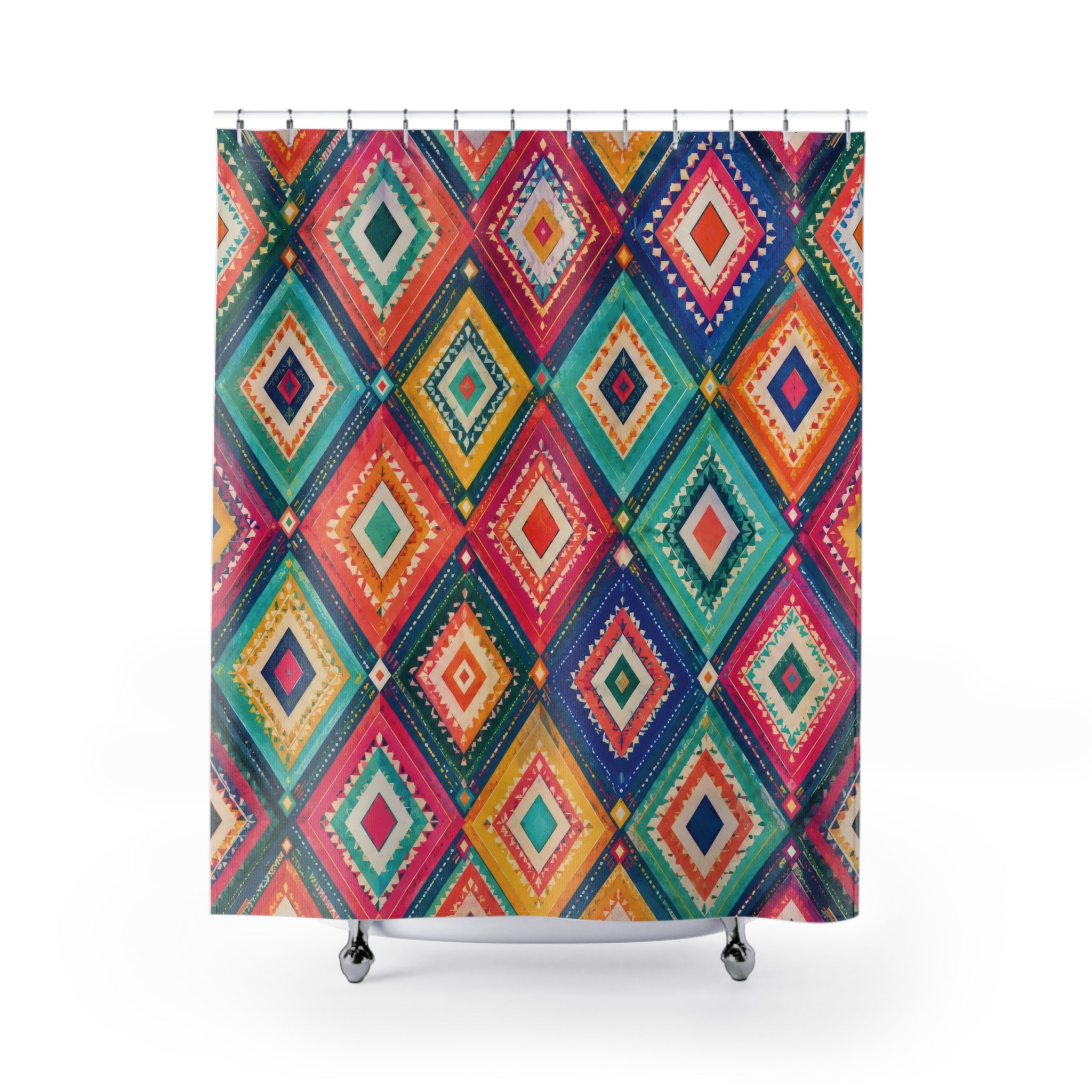 Boho Geometric Diamond Colorful Rainbow Maximalist Shower Curtain