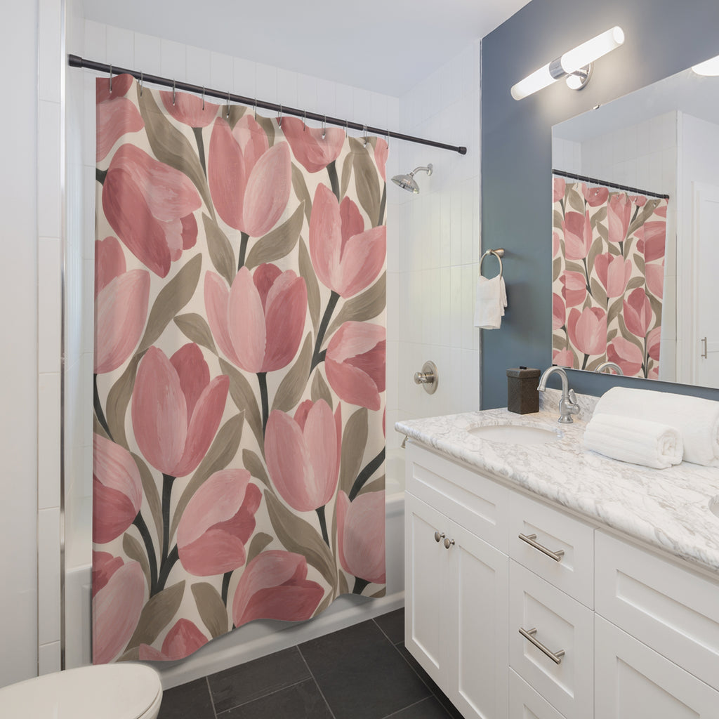 Blush tulips with taupe leaves on cream shower curtain beside a white vanity