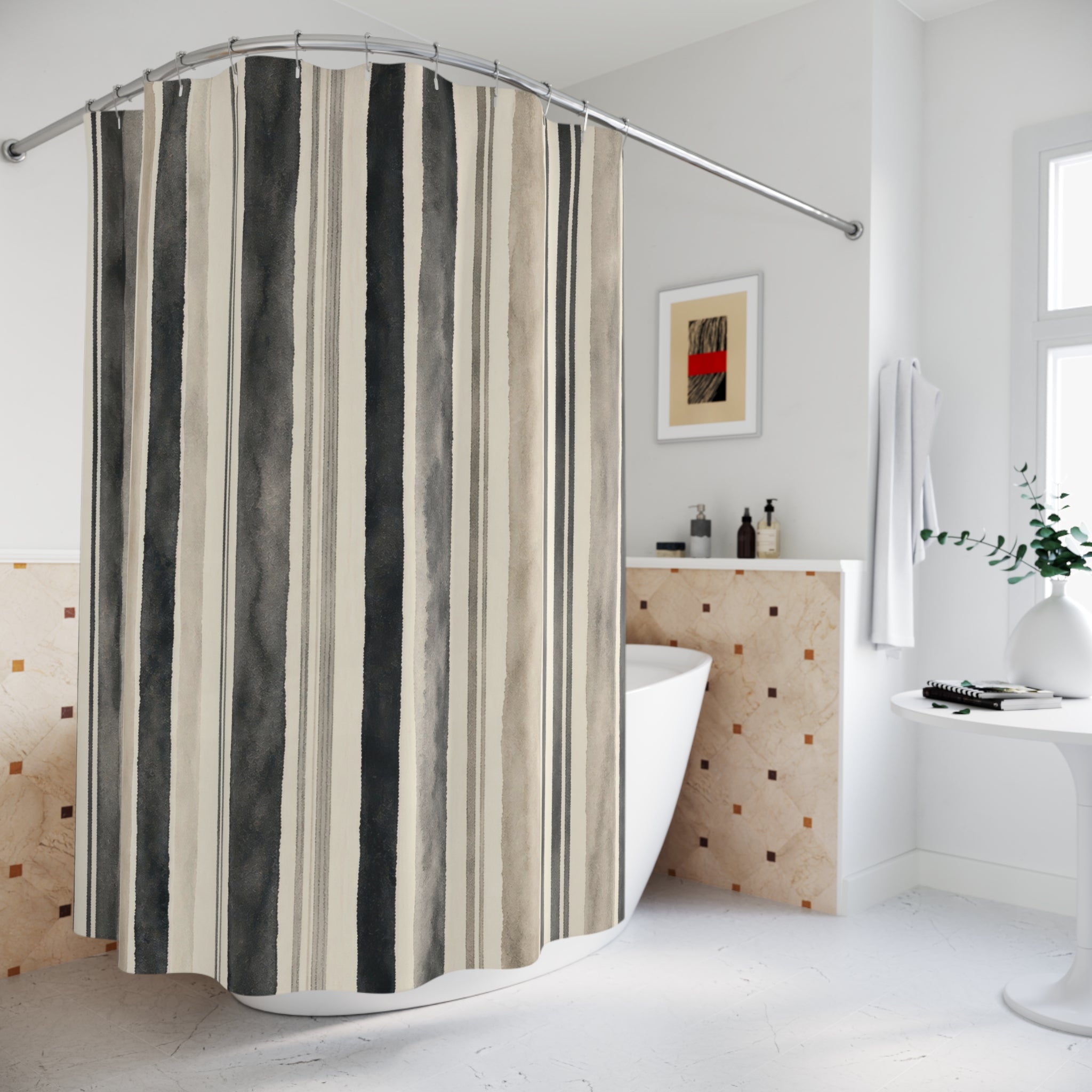 Gray Taupe Watercolor Stripe Shower Curtain