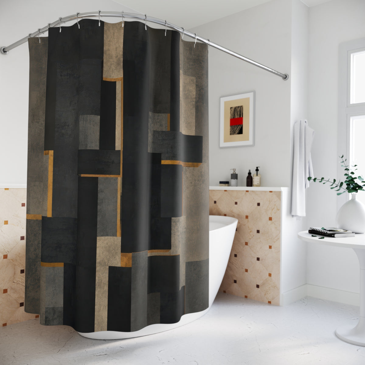 Charcoal brutalist blocks with narrow brass lines shower curtain beside a freestanding tub
