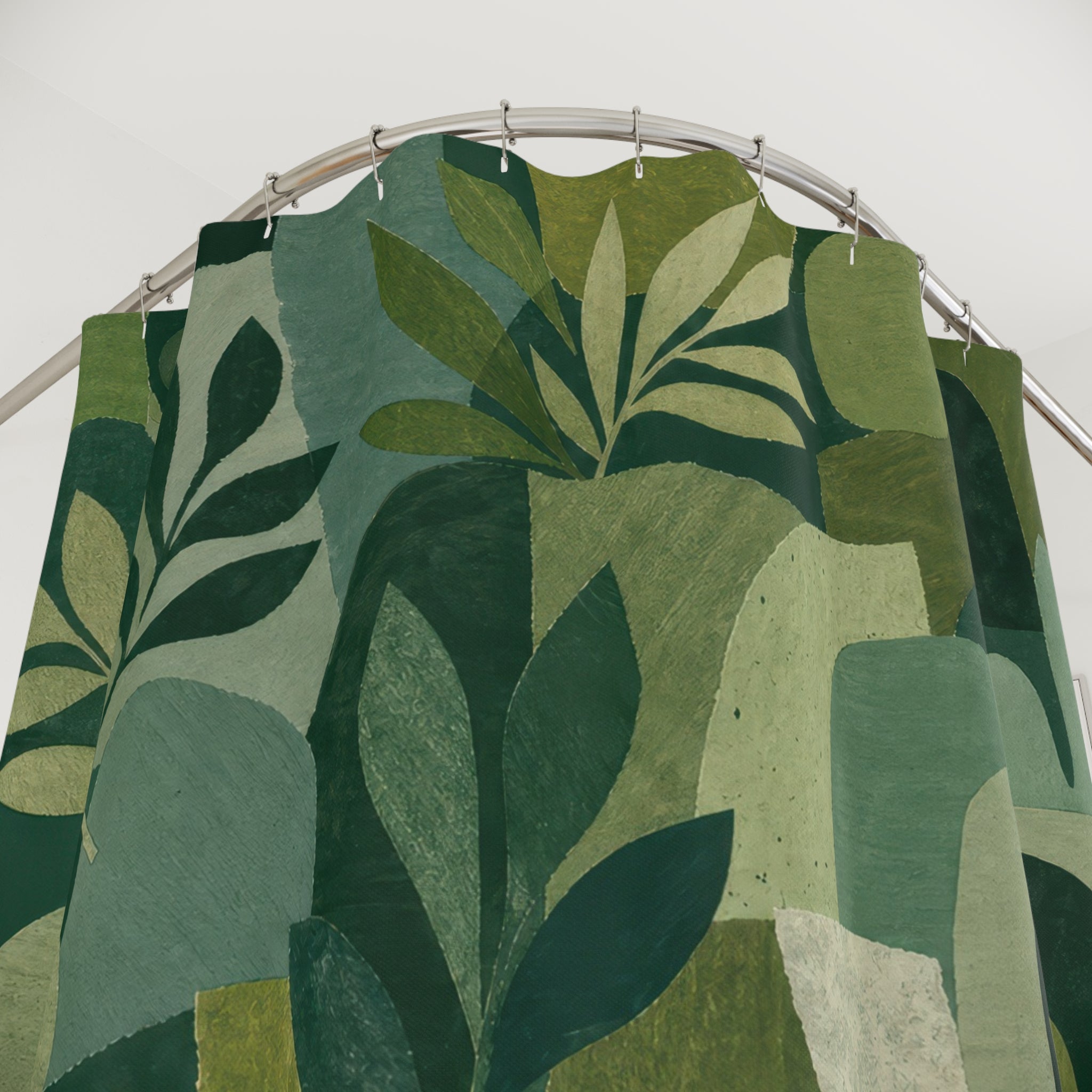 Green Boho Shower Curtain, Botanical Collage Bath Decor, Arch Leaf Pattern, Modern Abstract Guest Bathroom Decor, Earthy Style