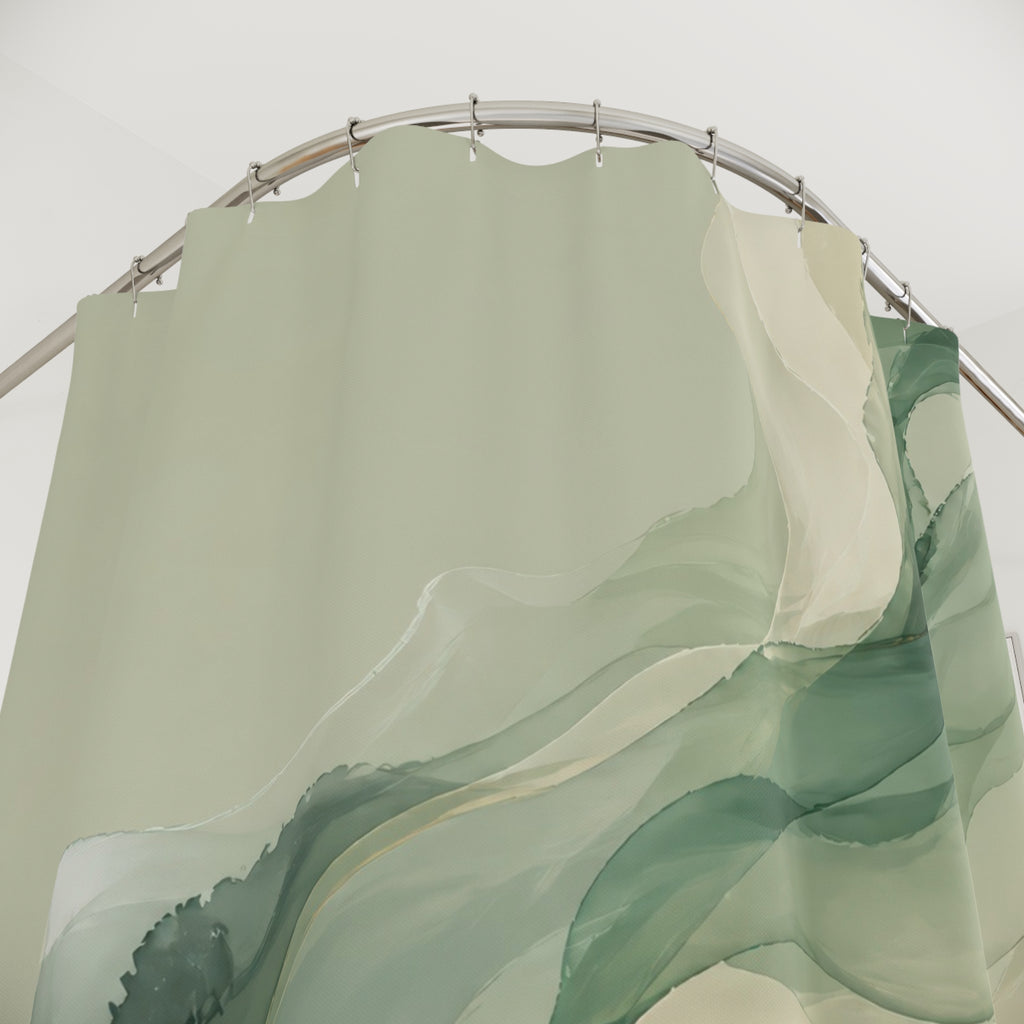 Abstract sage and olive ink wash forms with charcoal accents shower curtain with close-up print, hooks, and folds