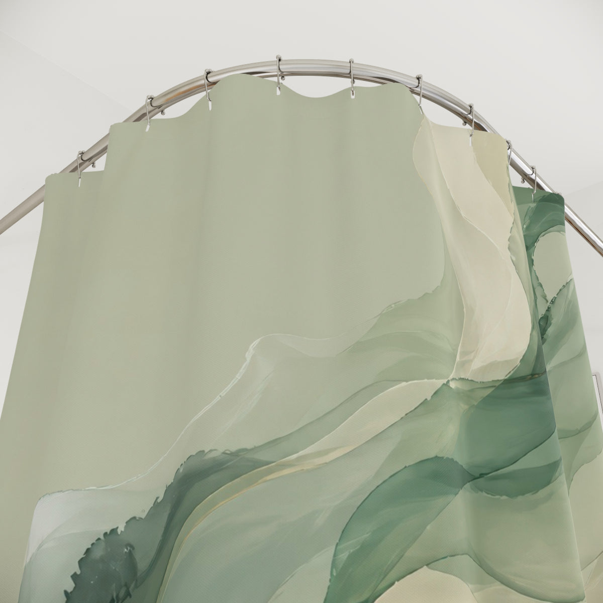 Abstract sage and olive ink wash forms with charcoal accents shower curtain with close-up print, hooks, and folds