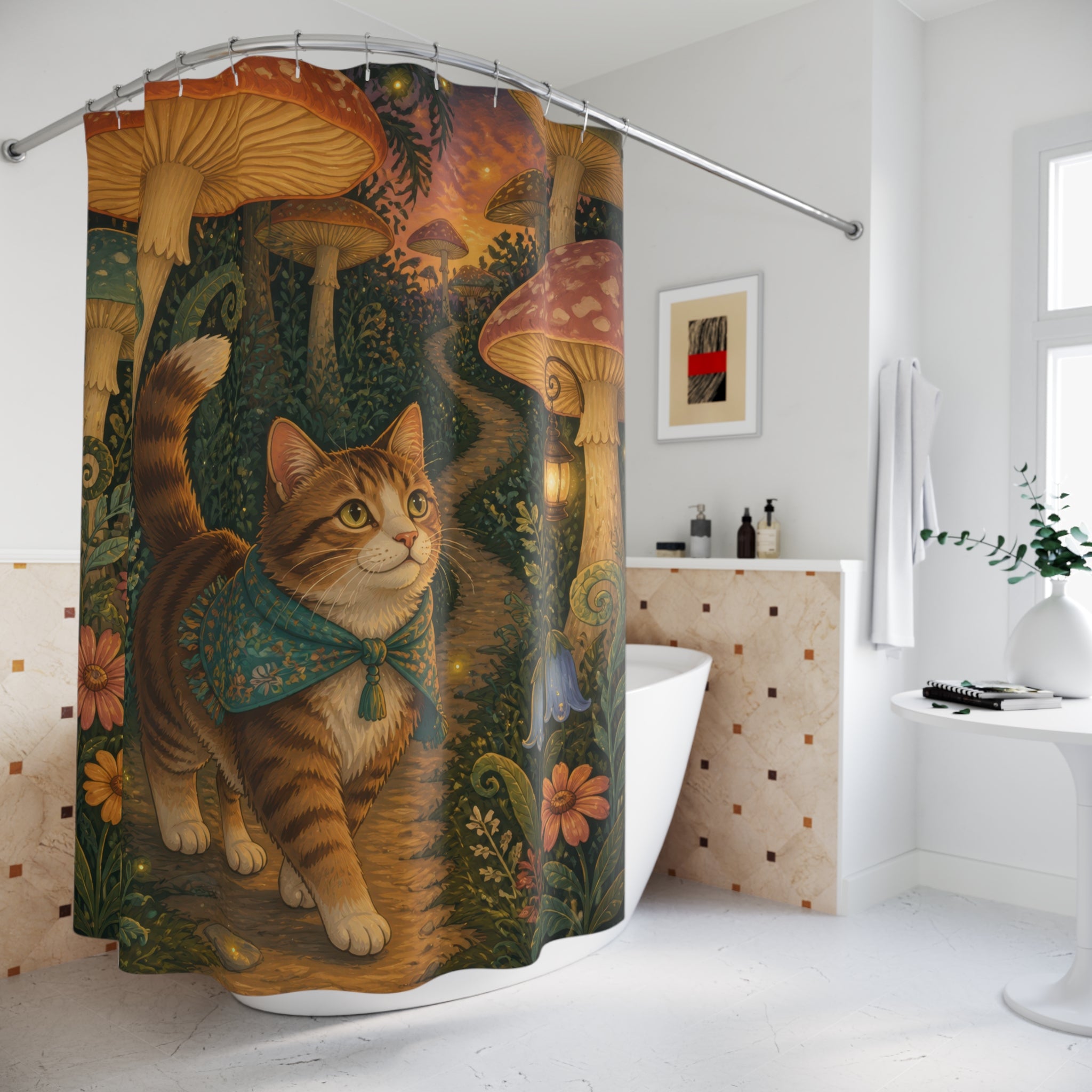 Cat strolling beneath glowing giant mushroom canopies shower curtain beside a freestanding tub