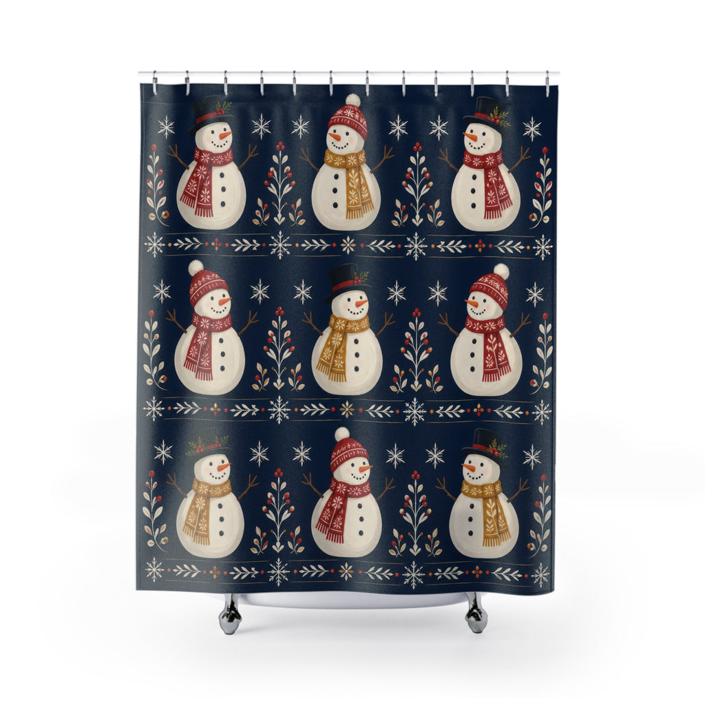 Ivory snowmen with red and gold scarves on navy shower curtain with full front view