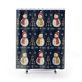 Ivory snowmen with red and gold scarves on navy shower curtain with full front view