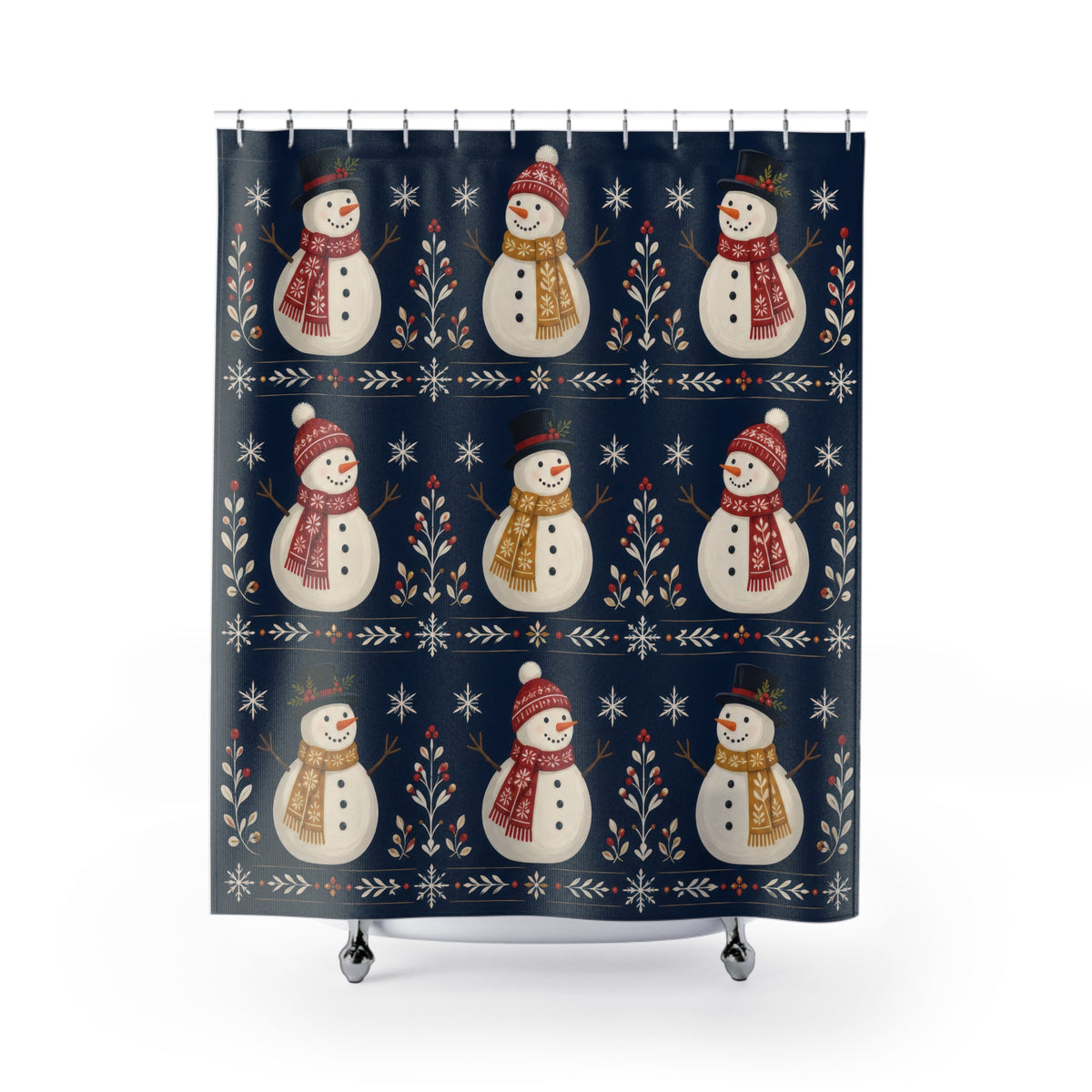 Ivory snowmen with red and gold scarves on navy shower curtain with full front view