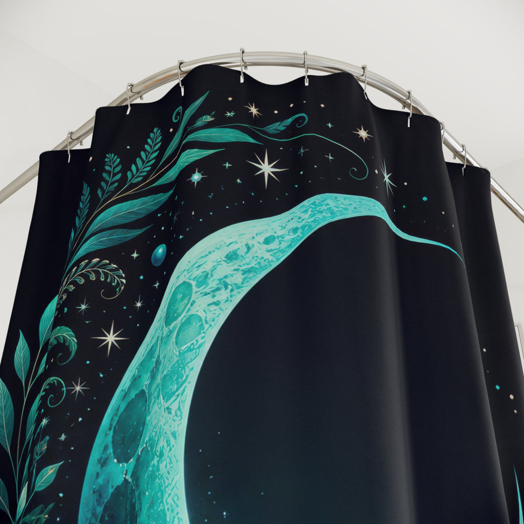 Turquoise crescent moon within a jade botanical arch shower curtain with close-up print, hooks, and folds