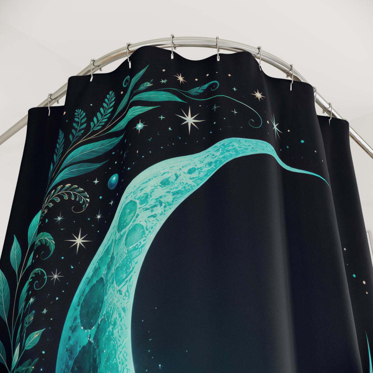 Turquoise crescent moon within a jade botanical arch shower curtain with close-up print, hooks, and folds