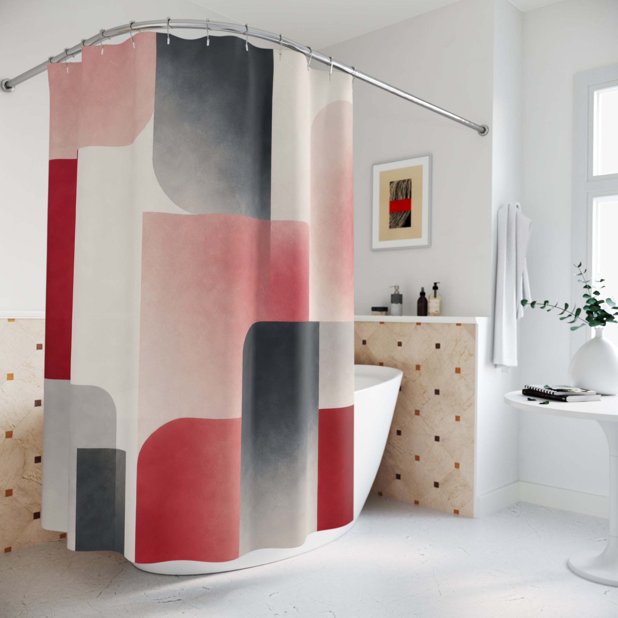 Red Pink Gray Modern Geometric Shower Curtain
