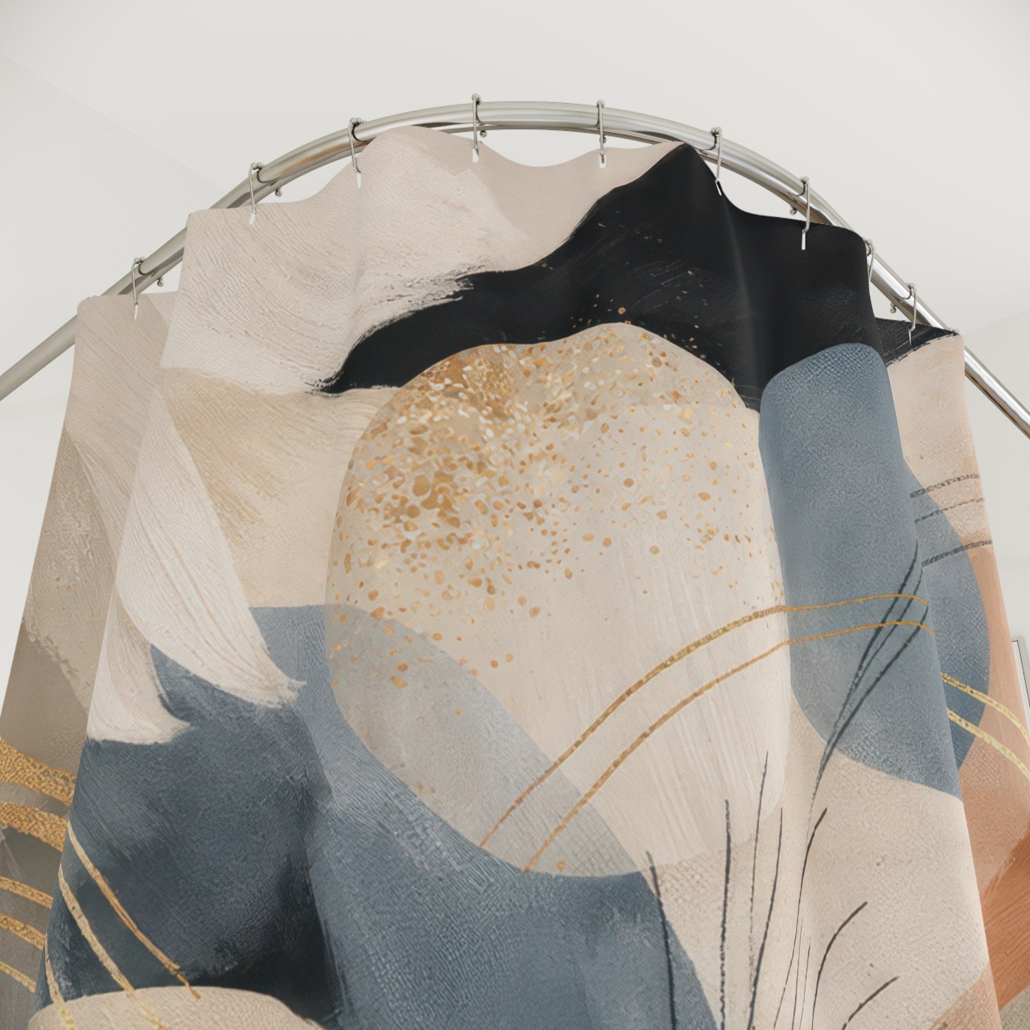Abstract Painterly Shower Curtain – Beige Blue Black