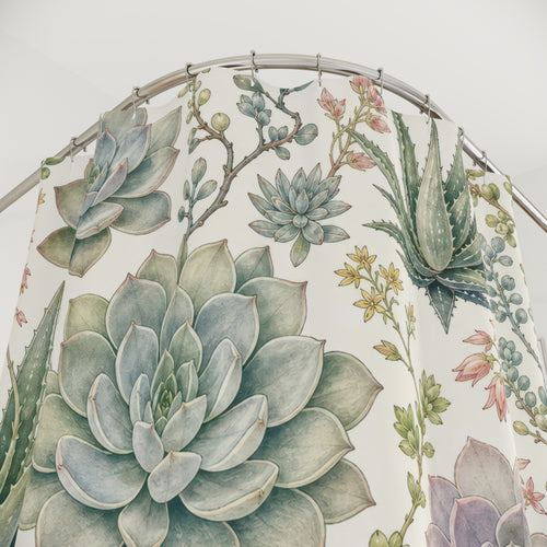 Aloe Botanical Plant succulent pattern shower curtain with close-up print, hooks, and folds