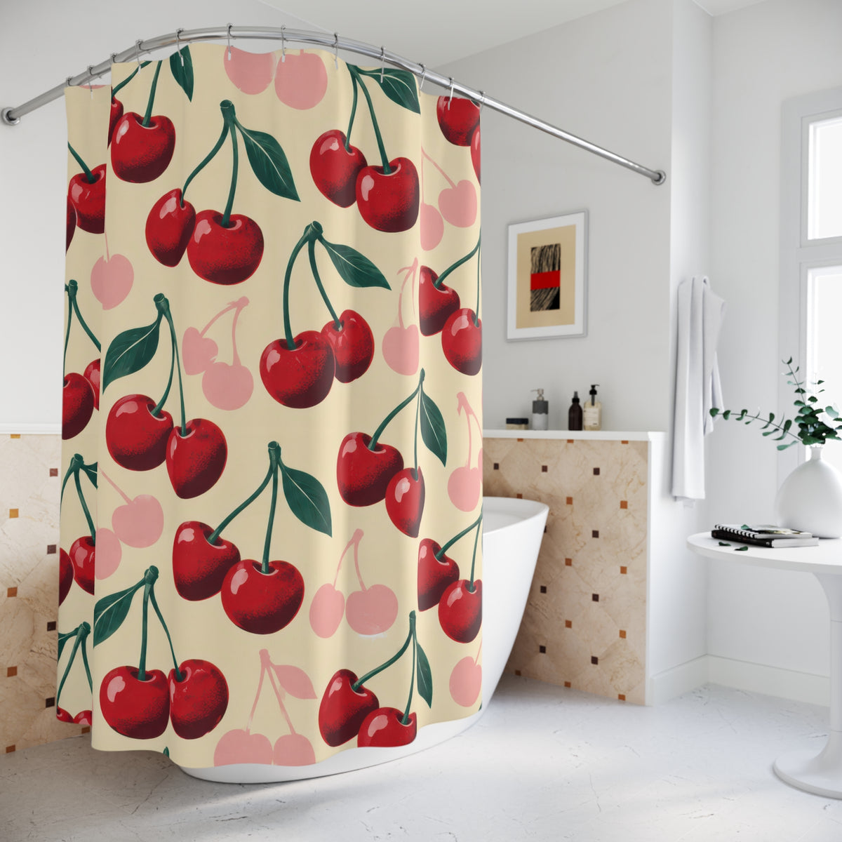 Retro red and pink cherry pattern on cream shower curtain beside a freestanding tub