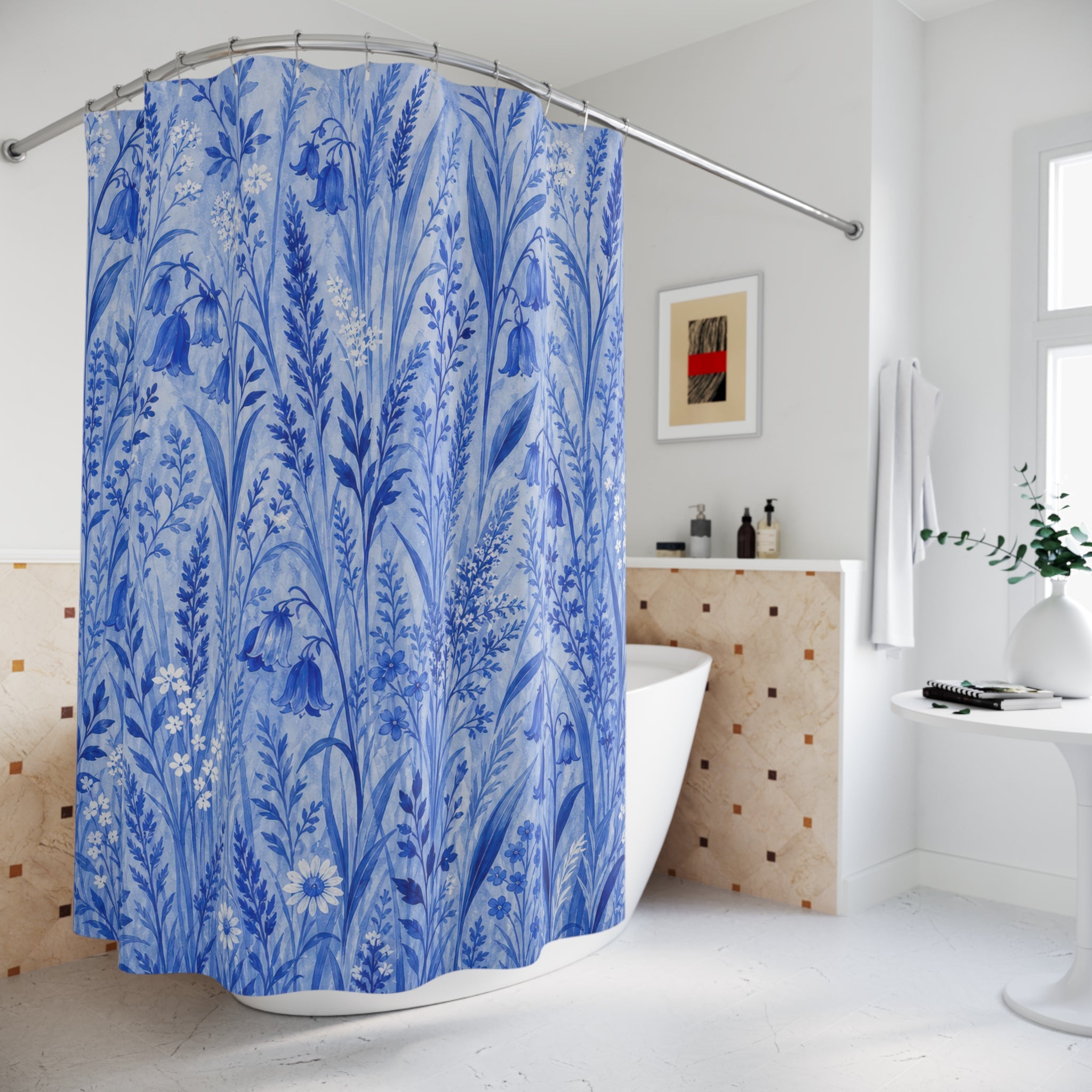 Blue Grass Botanical Shower Curtain, Blue White Nature Bathroom Decor, Botanical Meadow Bath Curtain, Guest Bath Decor, Small Bathroom Decor