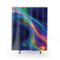 Cyan and magenta iridescent waves across cobalt blue shower curtain with full front view