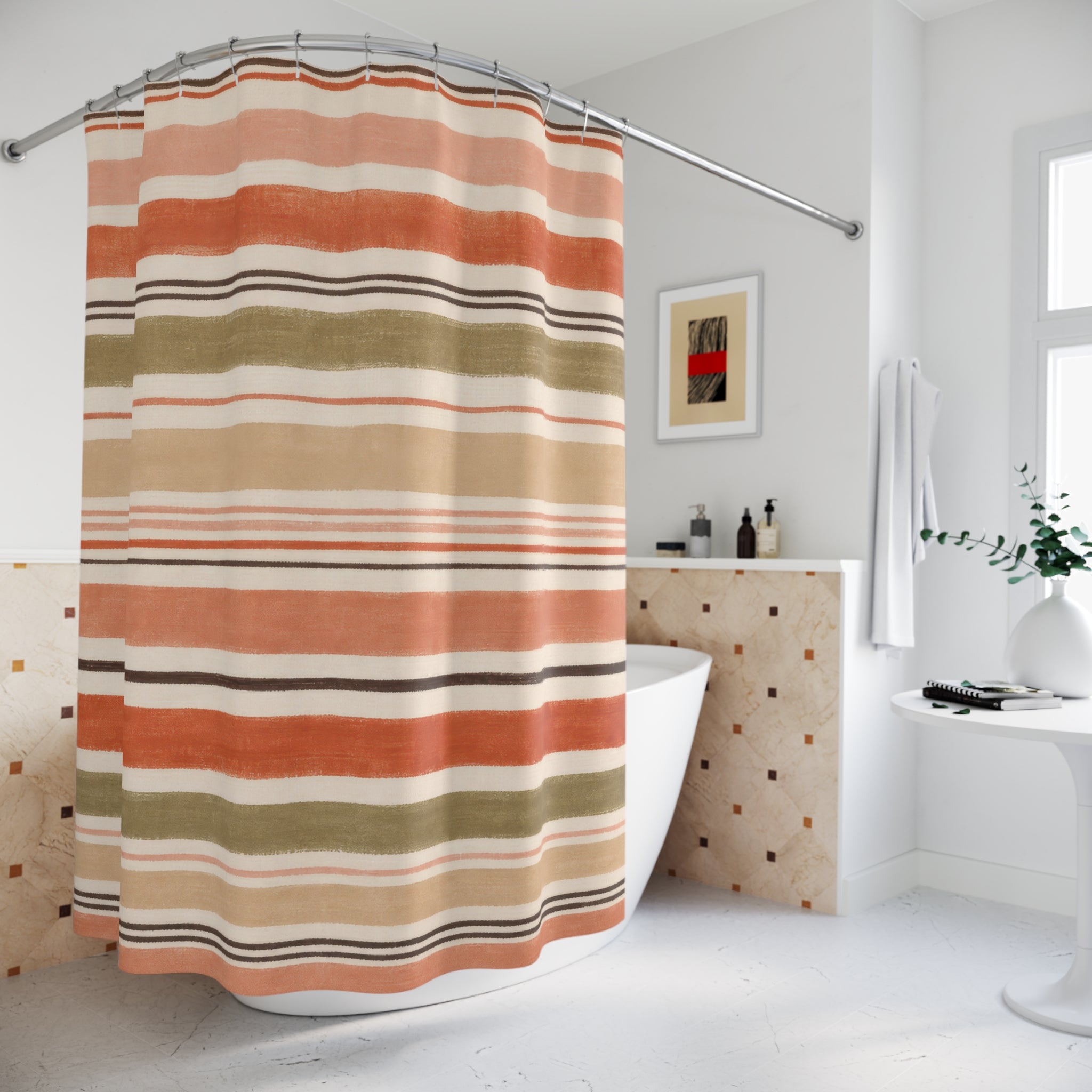 Rust Olive Beige Watercolor Stripe Shower Curtain