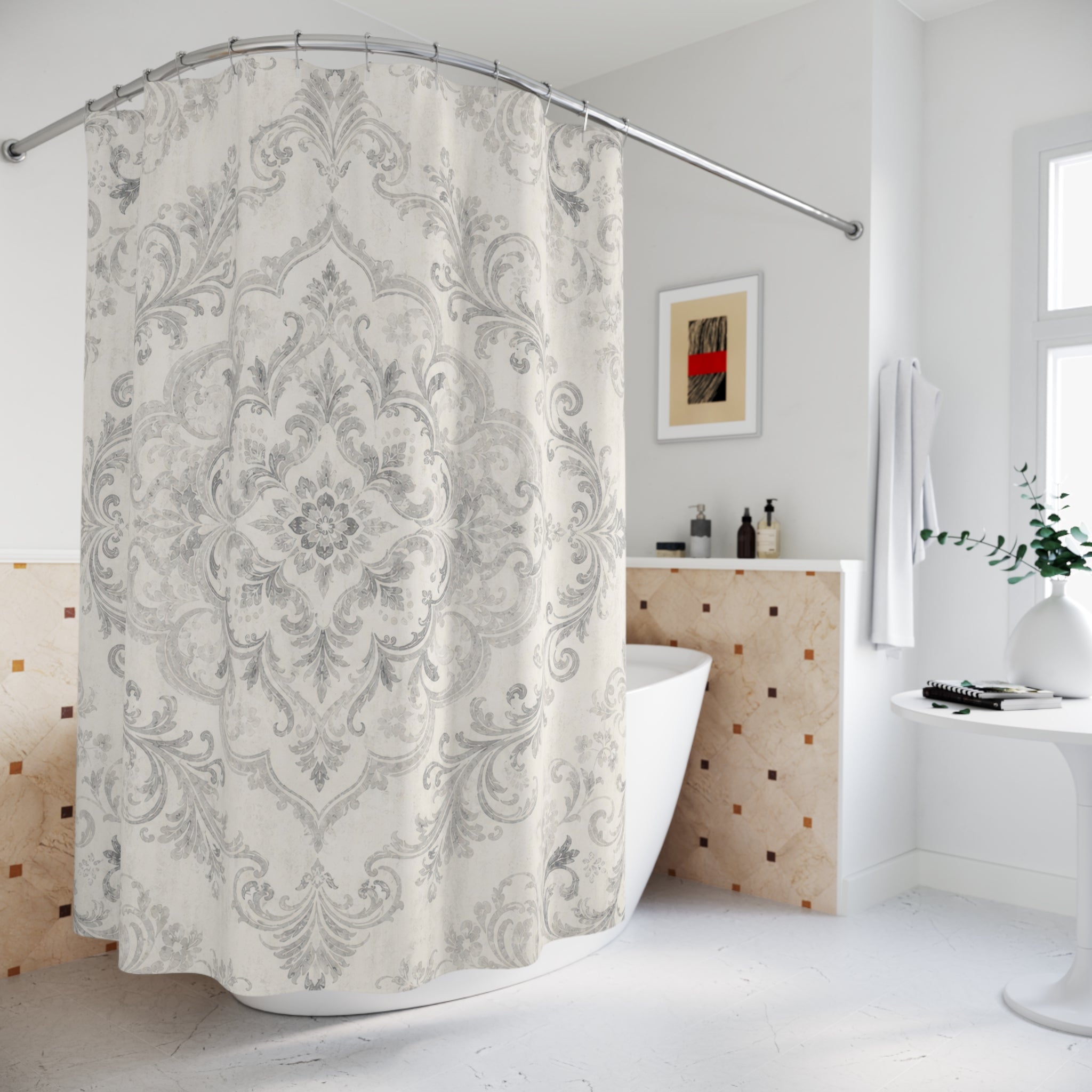 Grey White Damask Medallion Vintage Traditional Gray Shower Curtain