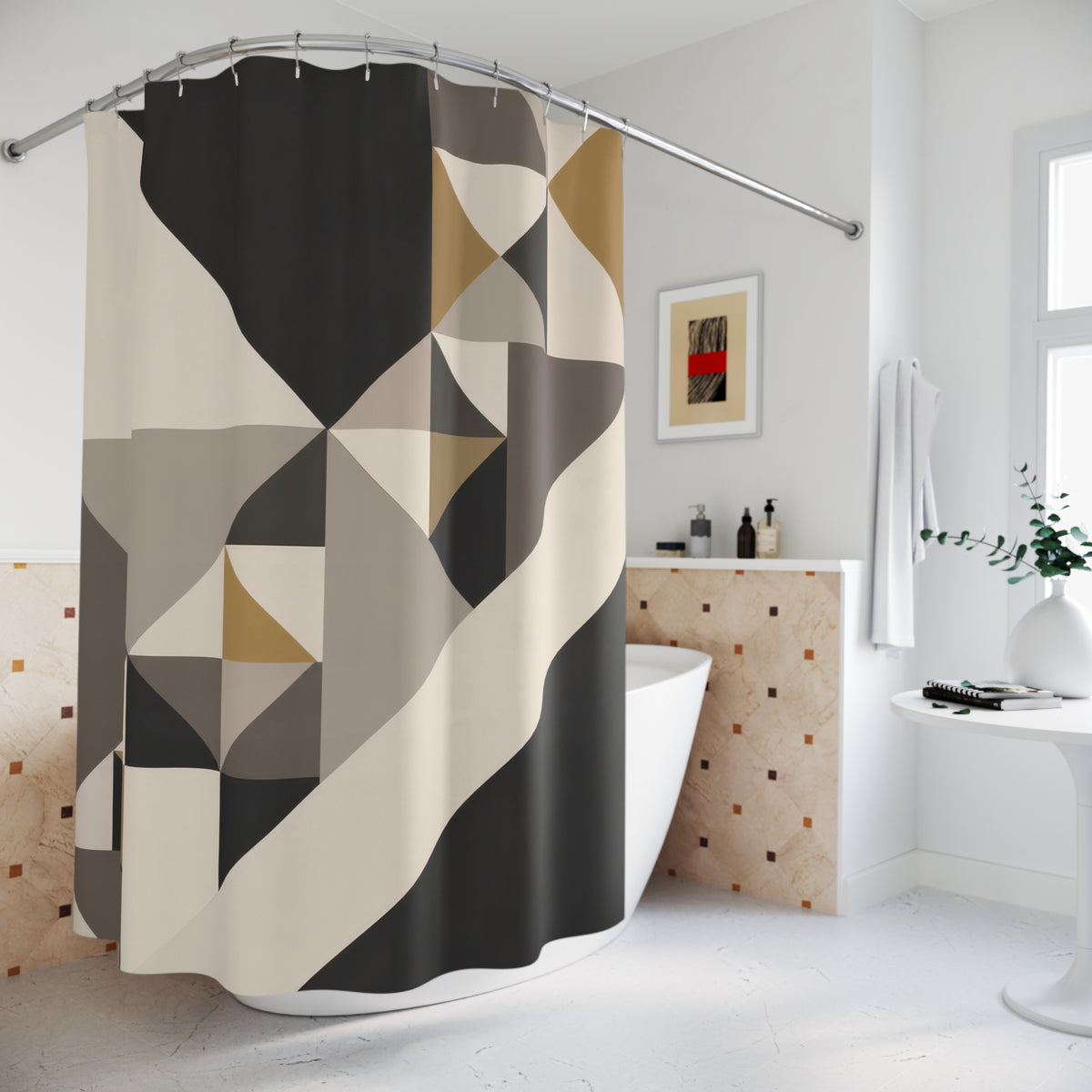 Geometric triangles in charcoal, ivory, taupe and ochre shower curtain beside a freestanding tub