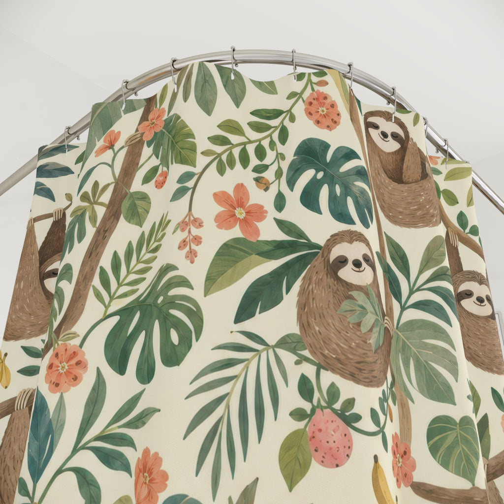 Kids Sloth Shower Curtain, Cute Jungle Animal Pattern, Tropical Leaf Bathroom Decor, Nursery Jungle Wall Decor Guest Bath Wall Gift