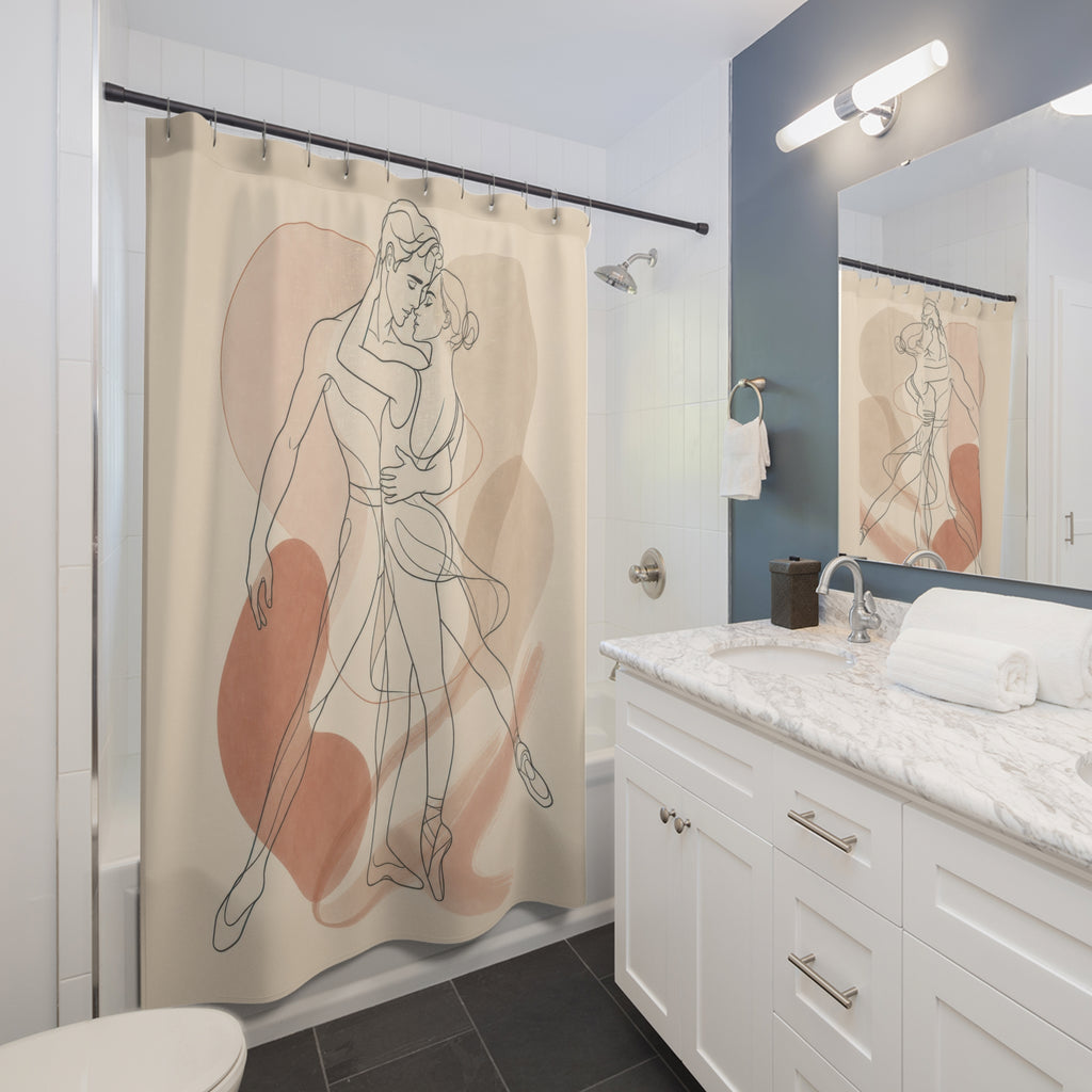 Line Art Shower Curtain, Embracing Couple Figure Pattern, Beige Rust Bathroom Decor, Modern Guest Bath Romantic Art Style
