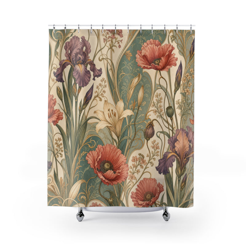 Art Nouveau Poppy sage coral shower curtain with full front view
